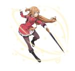  1girl asuna_(sao) black_footwear black_legwear brown_eyes brown_hair floating_hair holding holding_sword holding_weapon long_hair miniskirt open_mouth outstretched_arms pantyhose pleated_skirt simple_background skirt solo sword sword_art_online very_long_hair weapon white_background white_skirt 