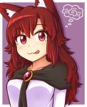  1girl :q animal_ears brooch brown_hair commentary imaizumi_kagerou jewelry long_hair looking_at_viewer red_eyes simple_background solo spoken_food tongue tongue_out touhou upper_body wolf_ears wool_(miwol) 
