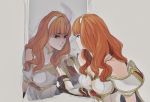  2girls armor cape celica_(fire_emblem) dark_persona dress fingerless_gloves fire_emblem fire_emblem_echoes:_mou_hitori_no_eiyuuou gloves jewelry long_hair mirror multiple_girls open_mouth red_eyes redhead smile tiara 