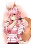  1girl animal_ears blush bra breasts cleavage collarbone fate_(series) fox_ears fox_tail highres jewelry large_breasts looking_at_viewer nail_polish necklace open_clothes open_shirt pink_bra pink_hair rua_(abcd29211) shirt solo striped striped_shirt tail tamamo_(fate)_(all) tamamo_no_mae_(fate) twintails underwear yellow_eyes 
