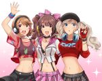  3girls :o alternate_costume arm_around_waist arm_up belt_collar blue_eyes bracelet breasts brown_eyes brown_hair citrus_love_i cleavage clothes_writing commentary crop_top fingerless_gloves gloves hat headphones headphones_around_neck heart highres jewelry kujikawa_rise looking_at_viewer midriff multiple_girls navel open_mouth pendant persona persona_3 persona_3:_dancing_moon_night persona_4 persona_4:_dancing_all_night persona_5 persona_5:_dancing_star_night persona_dancing red_gloves see-through shoulder-to-shoulder simple_background smile spiked_bracelet spikes sports_bra stomach suspenders takamaki_anne takeba_yukari upper_body 