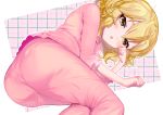  1girl :o ass bangs blonde_hair feet_out_of_frame frilled_sleeves frills green_eyes half-closed_eyes highres idolmaster idolmaster_cinderella_girls looking_at_viewer lying mugentansan on_side outline pajamas parted_lips plaid plaid_background sakurai_momoka short_hair sleeves_past_elbows solo white_outline wiping_face 
