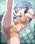  &gt;:o 1girl bangs bare_arms battle_girl_(pokemon) bike_shorts blue_eyes blue_hair blush breasts clenched_hand fighting_stance fingerless_gloves gloves highres kous_(onetwojustice) leg_lift leg_up long_hair looking_at_viewer medium_breasts midriff navel npc open_mouth pokemon pokemon_(game) pokemon_oras ponytail solo sports_bra stomach swept_bangs very_long_hair 