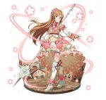  1girl arm_ribbon asuna_(sao) bow bowtie breasts brown_eyes brown_hair faux_figurine floating_hair floral_print flower full_body hair_flower hair_ornament holding holding_weapon layered_skirt long_hair looking_at_viewer medium_breasts midriff navel pink_flower polearm red_bow red_neckwear red_ribbon ribbon simple_background smile solo standing stomach sword_art_online thigh-highs thigh_strap very_long_hair weapon white_background 