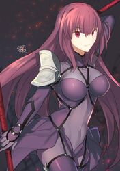  1girl bodysuit breasts closed_mouth covered_collarbone covered_navel dual_wielding eyebrows_visible_through_hair fate/grand_order fate_(series) gae_bolg highres holding holding_spear holding_weapon impossible_bodysuit impossible_clothes large_breasts light_smile long_hair looking_at_viewer nikame polearm purple_bodysuit purple_hair red_eyes scathach_(fate/grand_order) signature smile solo spear weapon 