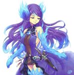  1girl artist_request breasts closed_eyes collarbone fire kagutsuchi_(xenoblade) long_hair navel purple_hair simple_background smile xenoblade xenoblade_2 