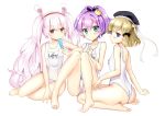  3girls absurdres animal_ears ass azur_lane bangs bare_arms bare_legs bare_shoulders barefoot beret black_hat black_ribbon blue_eyes blush brown_eyes character_name closed_mouth collarbone crown eyebrows_visible_through_hair food green_eyes hair_between_eyes hair_ribbon hairband hat highres holding holding_food javelin_(azur_lane) laffey_(azur_lane) light_brown_hair long_hair mini_crown multiple_girls old_school_swimsuit one-piece_swimsuit parted_lips popsicle purple_hair rabbit_ears red_hairband ribbon school_swimsuit silver15 silver_hair simple_background sitting swimsuit twintails very_long_hair wariza white_background white_school_swimsuit white_swimsuit yokozuwari z23_(azur_lane) 