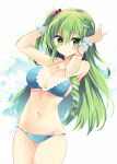  1girl bare_arms bare_shoulders bikini blue_bikini blush breasts cleavage collarbone commentary_request cowboy_shot eyebrows_visible_through_hair frog_hair_ornament green_eyes green_hair hair_between_eyes hair_bobbles hair_ornament hands_up highres kochiya_sanae long_hair looking_at_viewer maturiuta_sorato medium_breasts midriff navel see-through smile snake_hair_ornament solo standing star star-shaped_pupils swimsuit symbol-shaped_pupils touhou very_long_hair white_background wrist_cuffs 