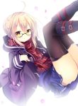  1girl :o ahoge artoria_pendragon_(all) ass black-framed_eyewear black_footwear black_legwear blonde_hair blue_skirt blush boots buckle coat commentary_request duffel_coat fate/grand_order fate_(series) feet_out_of_frame fringe glasses knee_boots legs_up long_sleeves looking_at_viewer mysterious_heroine_x_(alter) open_clothes open_coat parted_lips petals plaid plaid_scarf purple_coat red_scarf scarf shiny shiny_hair shirogane_hina short_hair simple_background skirt solo tareme thigh-highs thighs white_background yellow_background 