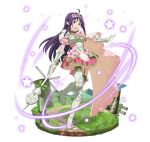  1girl :d ahoge armor armored_boots armored_dress boots breasts choker dress faux_figurine floating_hair flower full_body garter_straps green_ribbon hair_flower hair_ornament headdress holding holding_weapon long_hair open_mouth outstretched_arm pink_dress pink_flower pleated_dress pointy_ears polearm purple_hair red_eyes ribbon ribbon_choker short_dress simple_background small_breasts smile solo spaulders standing standing_on_one_leg sword_art_online thigh-highs thigh_boots very_long_hair weapon white_background yuuki_(sao) 
