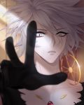  1boy black_gloves blue_eyes earrings fate/apocrypha fate/stay_night fate_(series) gloves grey_hair highres hokeitoshane jewelry karna_(fate) outstretched_hand short_hair solo 