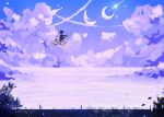  1girl bicycle bird blue clouds cloudy_sky commentary crescent_moon flying ground_vehicle larienne monochrome moon night night_sky original purple riding riding_bike scenery short_hair silhouette sky star_(sky) starry_sky 
