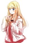  1girl blonde_hair blue_eyes blush earrings eyebrows_visible_through_hair fullmetal_alchemist hair_between_eyes hood hoodie jewelry long_hair long_sleeves red_shirt shirt simple_background sketch smile solo tsukuda0310 white_background white_hoodie winry_rockbell 