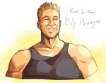  1boy :d at2. bare_shoulders billy_herrington blonde_hair character_name collarbone forehead grin male_focus muscle open_mouth real_life sleeveless smile solo tank_top teeth two-tone_background upper_body 