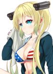  1girl absurdres albacore_(zhan_jian_shao_nyu) american_flag_bikini bikini blonde_hair blue_eyes breasts closed_mouth collarbone eyebrows_visible_through_hair flag_print gradient_hair green_hair headgear highres hood hoodie large_breasts long_hair looking_at_viewer multicolored_hair nanase_rin_(8021582) navel nipples open_clothes open_hoodie simple_background solo swimsuit towel twintails very_long_hair white_background zhan_jian_shao_nyu 