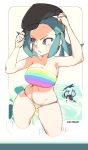 1girl adjusting_hair alolan_rattata alternate_costume arms_up artist_name bare_arms beach bikini blue_eyes blue_hair blush breasts brekkist cabbie_hat cleavage hat highres large_breasts looking_to_the_side navel npc panties parted_lips partially_submerged pokemon pokemon_(game) pokemon_usum short_twintails sideboob solo standing swimsuit team_rainbow_rocket_grunt team_rocket twintails underwear water wet 