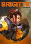  1girl absurdres armor artist_name brigitte_(overwatch) brown_hair character_name freckles from_side highres looking_to_the_side monori_rogue over_shoulder overwatch ponytail solo upper_body weapon weapon_over_shoulder 