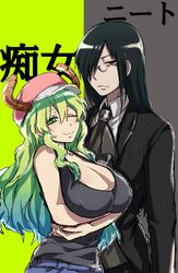  1boy 1girl baseball_cap black_hair breasts denim denim_shorts dragon_girl dragon_horns fafnir_(maidragon) formal glasses gradient_hair green_hair hair_over_one_eye hat horns huge_breasts kobayashi-san_chi_no_maidragon large_breasts long_hair multicolored_hair necktie one_eye_closed pince-nez quetzalcoatl_(maidragon) red_eyes shorts slit_pupils suit tank_top wavy_hair yellow_pupils 