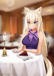  1girl animal_ears bare_shoulders blonde_hair blue_eyes blurry blurry_background breasts candle cat_ears cat_tail cellphone coconut_(sayori) commentary commission depth_of_field dress eyebrows_visible_through_hair fork hair_between_eyes heterochromia highres indoors kaafi knife large_breasts long_hair nekopara phone plate purple_dress restaurant sitting smartphone smile solo table tablecloth tail yellow_eyes 