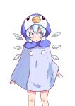  1girl :o alternate_hairstyle animal_costume arms_at_sides bangs blue_eyes blush cirno detached_wings eyebrows_visible_through_hair feet_out_of_frame highres ice ice_wings looking_away looking_to_the_side parted_lips penguin_costume piplup pokemon see-through_silhouette short_hair simple_background sokutenkun solo standing touhou white_background wings 
