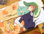 2girls absurdres aqua_sweater barefoot blonde_hair breasts brown_hair collarbone from_above glasses gloves highres horns inside kobayashi-san_chi_no_maidragon kobayashi_(maidragon) long_hair lying maid_headdress medium_breasts multiple_girls on_back pants pillow pillow_hug ponytail rimless_eyewear shirt short_hair short_ponytail tail tooru_(maidragon) white_gloves white_legwear white_shirt wooden_floor yellow_pants