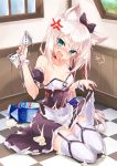  1girl anger_vein angry animal_ears apron azur_lane bangs black_bow black_skirt blonde_hair blue_eyes blush bow breasts cat_ears checkered checkered_floor choker cleavage cloth collarbone corset detached_sleeves full_body garter_straps hair_bow hammann_(azur_lane) highres holding indoors long_hair looking_at_viewer milk milk_carton motion_lines nose_blush on_floor oshishio petticoat puffy_short_sleeves puffy_sleeves red_choker short_sleeves sitting skirt skirt_hold small_breasts solo strapless tearing_up tears thigh-highs trembling waist_apron wavy_mouth wet white_apron white_legwear window wrist_cuffs yokozuwari zettai_ryouiki 