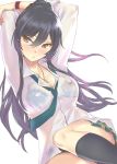  1girl arms_behind_head black_hair black_legwear bra breasts commentary_request highres idolmaster idolmaster_shiny_colors image_sample long_hair medium_breasts miniskirt necktie nukkoru see-through shirase_sakuya shirt skirt thighs twitter_sample underwear wet wet_clothes white_shirt 