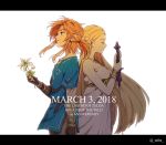  1boy 1girl blonde_hair blue_eyes dress earrings jewelry link long_hair master_sword pointy_ears ponytail princess_zelda saiba_(henrietta) smile sword the_legend_of_zelda the_legend_of_zelda:_breath_of_the_wild weapon white_background 