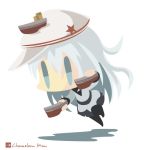  1girl artist_name blue_eyes chameleon_man_(three) chibi flat_cap full_body hat hibiki_(kantai_collection) kantai_collection long_hair no_mouth simple_background solo star_hat_ornament verniy_(kantai_collection) white_background white_hair 