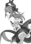  1girl :d boots dress elizabeth_bathory_(fate) elizabeth_bathory_(fate)_(all) fate/extra fate/grand_order fate_(series) frilled_skirt frills greyscale horns kinosuke_(sositeimanoga) monochrome open_mouth simple_background skirt smile standing tail white_background 