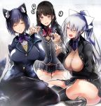  3girls ? animal_ears arm_behind_back bangs black_blazer black_hair black_legwear blazer blue_blazer blue_eyes blue_hair blue_neckwear blush bow bowtie braid breast_hold breasts brown_sweater cat_ears character_request closed_mouth collared_shirt commentary_request eyebrows_visible_through_hair fang hair_bow hair_ornament hairclip hand_gesture hand_up highres indian_style jacket kneehighs large_breasts long_hair long_sleeves looking_at_viewer mole mole_under_eye multiple_girls necktie nishiide_kengorou one_eye_closed open_blazer open_clothes open_jacket open_mouth pantyhose plaid plaid_skirt pleated_skirt ponytail purple_neckwear red_neckwear school_uniform seiza shirt shizuka_rin shoes short_hair silver_hair sitting skirt smile speech_bubble tearing_up thigh-highs thighs tsukino_mito unbuttoned very_long_hair violet_eyes virtual_youtuber white_bow white_legwear white_shirt yellow_eyes yokozuwari zettai_ryouiki 