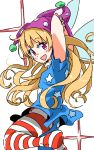  1girl :d american_flag_legwear arms_behind_head arms_up blonde_hair blue_dress blush clownpiece dress eyebrows_visible_through_hair fairy_wings from_side hat highres jester_cap leg_up long_hair looking_to_the_side mismatched_legwear no_shoes open_mouth pink_eyes pink_hat polka_dot_hat print_dress smile solo standing standing_on_one_leg star star_print tareme touhou very_long_hair wings zk_(zk_gundan) 