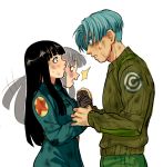  1boy 1girl :o black_eyes black_hair blue_eyes blue_hair blush capsule_corp coat couple dirty dirty_clothes dirty_face dragon_ball dragon_ball_super embarrassed expressionless eye_contact eyebrows_visible_through_hair gloves green_shirt hand_holding hands_together hetero long_hair long_sleeves looking_at_another mai_(dragon_ball) pants shirt short_hair simple_background standing surprised sweat sweatdrop transparent_background trunks_(dragon_ball) 