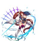  1girl belt boots breasts brown_hair cape cleavage cleavage_cutout elbow_gloves epaulettes eyebrows_visible_through_hair feathers full_body gloves glowing glowing_weapon hair_ornament high_heels highres holding holding_weapon inayama ingrid_(sennen_sensou_aigis) large_breasts long_hair no_panties official_art one_leg_raised pelvic_curtain ponytail purple_legwear sennen_sensou_aigis solo sword thigh-highs thigh_boots transparent_background very_long_hair violet_eyes weapon 
