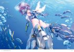  1girl air_bubble armor armored_boots artist_name ass bad_id bad_yandere_id blue boots bubble copyright_name day feathered_wings fish hair_between_eyes halo highres leotard looking_at_viewer looking_back original outdoors page_number purple_hair saitou_masatsugu short_hair solo underwater violet_eyes white_wings wings 