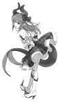  1girl :d boots elizabeth_bathory_(fate) elizabeth_bathory_(fate)_(all) fate/extra fate/grand_order fate_(series) frilled_skirt frills greyscale highres horns kinosuke_(sositeimanoga) monochrome open_mouth simple_background skirt smile standing tail white_background 