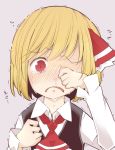  1girl ascot black_vest blonde_hair collared_shirt commentary_request crying crying_with_eyes_open eyebrows_visible_through_hair frown hair_ribbon jagabutter looking_at_viewer red_eyes red_neckwear red_ribbon ribbon rumia shirt short_hair sleeves_past_wrists snort sobbing solo teardrop tears touhou trembling upper_body vest white_shirt wiping_tears 
