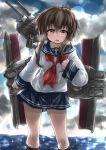  1girl anchor_symbol black_legwear black_sailor_collar black_skirt brown_hair clouds cloudy_sky commentary_request folded_ponytail hair_ornament hairclip harusame_nuko highres inazuma_(kantai_collection) kantai_collection kneehighs lens_flare long_hair looking_at_viewer machinery neckerchief outdoors pleated_skirt red_neckwear sailor_collar school_uniform serafuku skirt sky solo sparkle standing water 