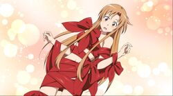  1girl asuna_(sao) breasts brown_eyes brown_hair cowboy_shot dutch_angle embarrassed game_cg highres lens_flare long_hair medium_breasts midriff naked_ribbon navel official_art open_mouth red_ribbon ribbon shiny solo standing stomach sword_art_online:_fatal_bullet very_long_hair 