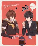  2boys amamiya_ren black_hair brown_hair chabo213 crossover cup drinking glasses granblue_fantasy male_focus mug multiple_boys persona persona_5 sandalphon_(granblue_fantasy) short_hair shuujin_academy_uniform smile 