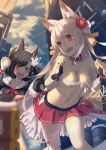  2girls :d animal_ears azur_lane bandage bandaged_arm bangs bare_shoulders black_hair black_shirt blonde_hair blue_sky blurry blurry_background blush bow breasts bridal_gauntlets budget_sarashi building cleavage clouds collar collarbone day depth_of_field drum_(container) eyebrows_visible_through_hair fake_animal_ears fang flower hair_flower hair_ornament hankon heart highres holding ladder leaning_forward leg_up long_hair looking_back mechanical_ears medium_breasts miniskirt multiple_girls navel off_shoulder open_mouth outdoors ponytail red_bow red_eyes red_flower red_skirt sarashi shigure_(azur_lane) shirt single_bare_shoulder skirt sky smile snowball standing standing_on_one_leg stomach strapless sunlight tareme tassel teeth thick_eyebrows thigh-highs v-shaped_eyebrows very_long_hair white_flower white_legwear wolf_ears yuudachi_(azur_lane) zettai_ryouiki 