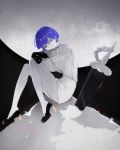  androgynous blue_eyes blue_hair gem glowing glowing_eye heterochromia high_heels highres houseki_no_kuni leg_hug looking_at_viewer morino_itsuki phosphophyllite phosphophyllite_(ll) pile short_hair sitting solo spoilers sword weapon white_eyes 