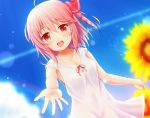  1girl :d ahoge blue_sky blurry_foreground blush breasts brown_eyes cleavage collarbone day dress dutch_angle eyebrows_visible_through_hair flower hair_between_eyes hair_ribbon highres lens_flare medium_breasts natsu_(927013) open_mouth original outdoors outstretched_arm pink_hair red_ribbon ribbon side_ponytail sky sleeveless sleeveless_dress smile solo standing sundress sunflower white_dress yellow_flower 