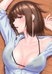  1girl black_bra bra breasts brown_eyes brown_hair collarbone commentary_request highres large_breasts long_sleeves looking_at_viewer lying mizuse_kouichi on_back open_clothes original out_of_frame shirt short_hair solo underwear white_shirt 