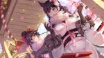  2girls :d :o animal animal_ears atago_(azur_lane) azur_lane bag blue_eyes blue_sky blunt_ends blurry blush bow breasts cherry_blossoms day depth_of_field dog elbow_gloves eyebrows_visible_through_hair flower frilled_sleeves frills fur_collar gloves greyscale hair_bow hair_flaps hair_flower hair_ornament high_ponytail highres holding in_bag in_container japanese_clothes kimono lantern large_breasts long_sleeves monochrome multiple_girls obi open_mouth outdoors paper_lantern petals pink_ribbon red_bow redhead ribbon rope sash shan-n shimenawa sky smile spring_(season) takao_(azur_lane) tareme two-handed underbust upper_body white_kimono wide_sleeves 