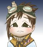  1girl :3 brown_hair chamaji commentary_request eyebrows_visible_through_hair goggles goggles_on_head gradient gradient_background grey_eyes handler_(monster_hunter_world) highres looking_at_viewer monster_hunter monster_hunter:_world neck_ribbon portrait ribbon solo 