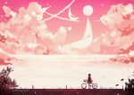  1girl bicycle boat bush clouds cloudy_sky commentary from_behind full_moon grass ground_vehicle larienne monochrome moon ocean original pink sailboat scenery short_hair silhouette sky solo star_(sky) starry_sky watercraft watermark web_address 