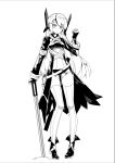  1girl blush character_request copyright_request eyebrows_visible_through_hair fingerless_gloves full_body gloves greyscale holding holding_weapon long_hair looking_at_viewer monochrome parted_lips qihai_lunpo solo thigh-highs weapon 