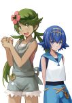  2girls :d arms_behind_back bangs bare_arms bare_shoulders blue_hair blue_sailor_collar blue_shorts blush collarbone cowboy_shot cutoffs dark_skin expressionless eyebrows_visible_through_hair flower green_eyes green_hair hair_flower hair_ornament headband height_difference highres long_hair looking_at_viewer low_twintails mallow_(pokemon) multiple_girls open_mouth overall_shorts own_hands_together pokemon pokemon_(game) pokemon_sm redpoke round_teeth sailor_collar shirt short_hair shorts simple_background sleeveless sleeveless_shirt smile standing suiren_(pokemon) swept_bangs swimsuit swimsuit_under_clothes tareme teeth twintails white_background white_shirt 