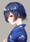  1girl blue_hair blue_kimono blush commentary floral_print flower from_side hair_flower hair_ornament hatomugi_(mugicha) highres idolmaster idolmaster_shiny_colors japanese_clothes kimono looking_at_viewer morino_rinze open_mouth orange_eyes short_hair sweatdrop 